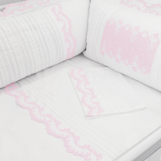 Lençol Para Berço Gardenia Branco com Rosa - 3 Peças