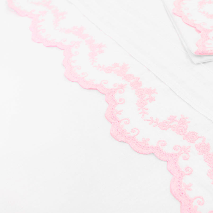 Lençol Para Berço Gardenia Branco com Rosa - 3 Peças