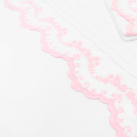 Lençol Para Berço Gardenia Branco com Rosa - 3 Peças