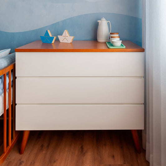 Cômoda de Bebê Viena Branco com Pé e Tampo Mel