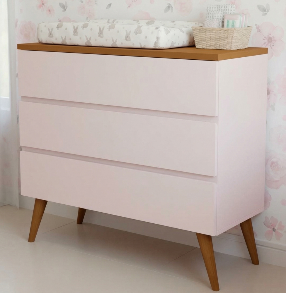 Cômoda de Bebê Viena Rosa Claro com Pé e Tampo Mel
