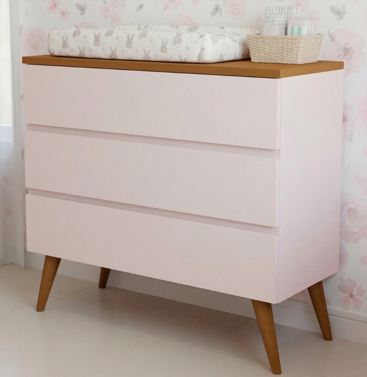 Cômoda de Bebê Viena Rosa Claro com Pé e Tampo Mel