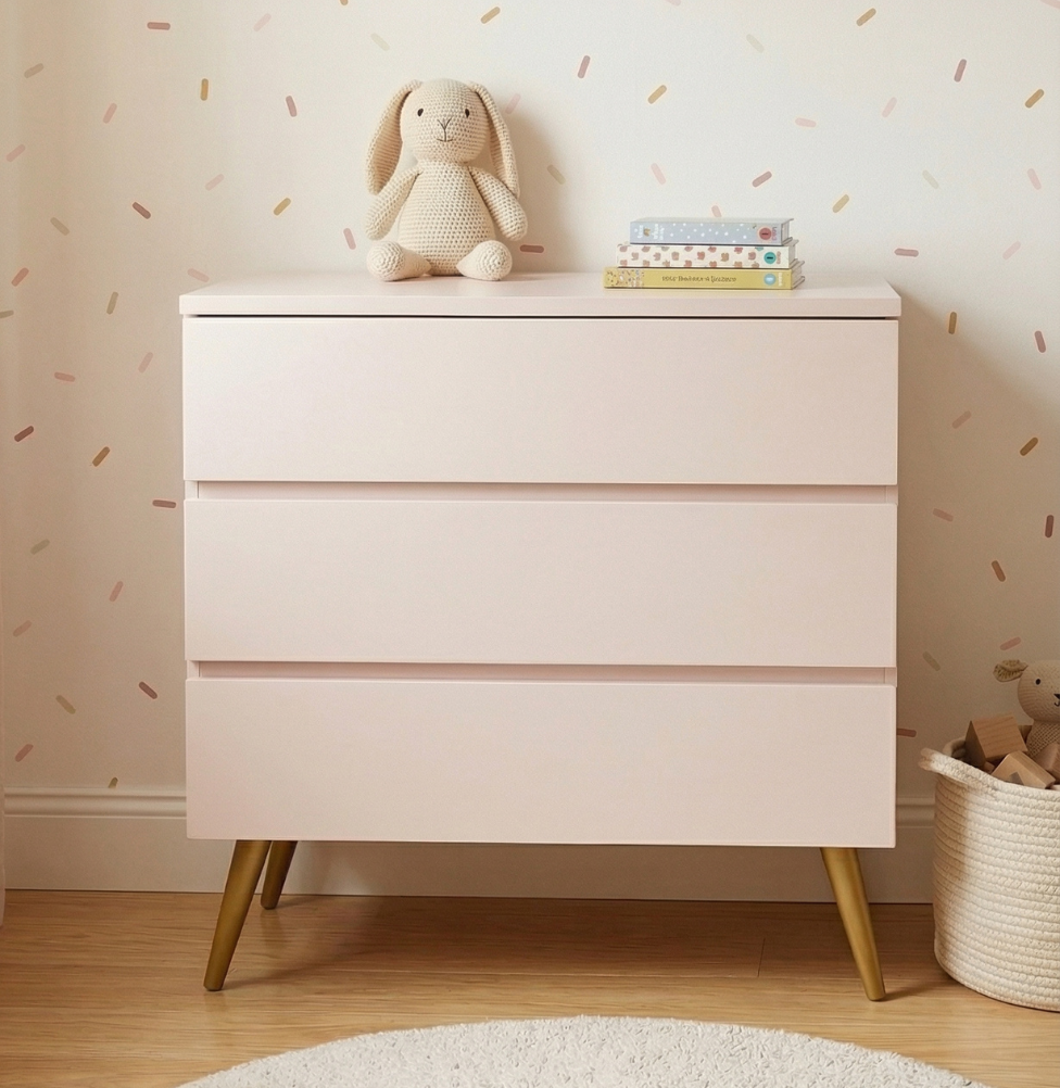 Cômoda de Bebê Viena Rosa Claro com Pé Mel