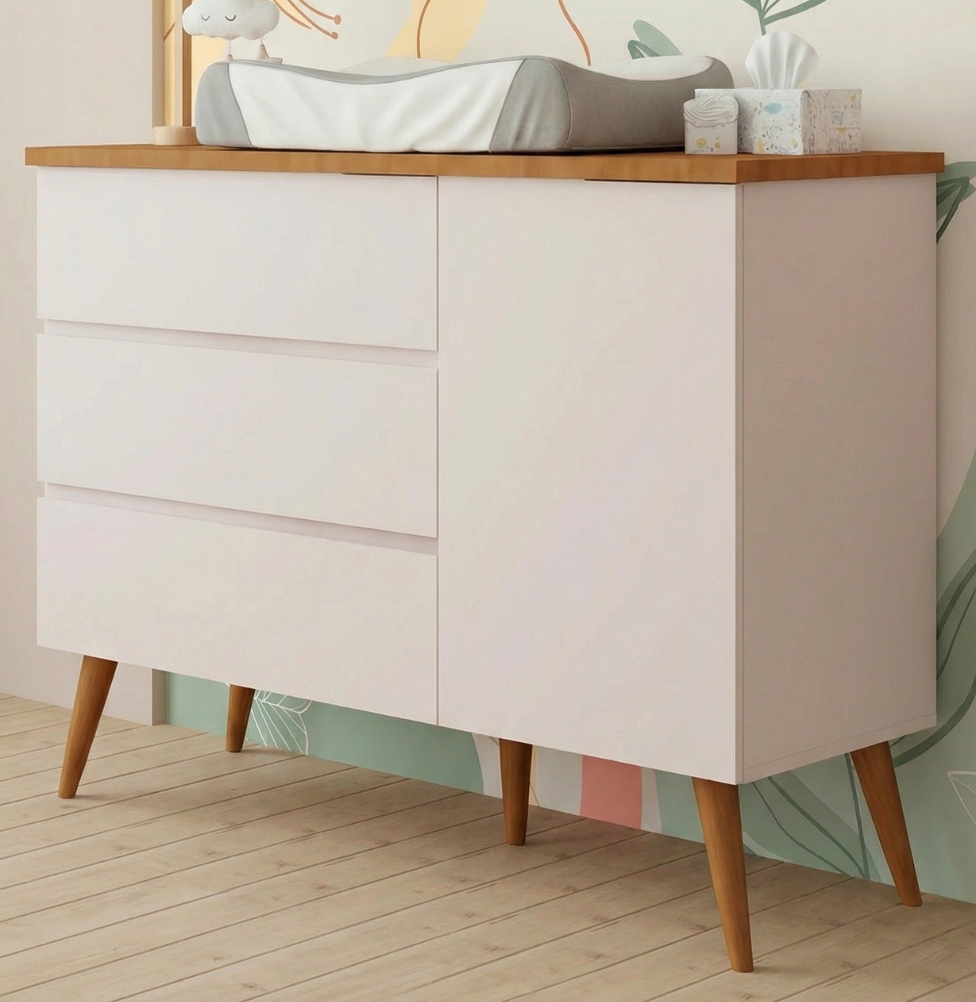 Cômoda de Bebê Viena com Porta Rosa Claro com Pé e Tampo Mel
