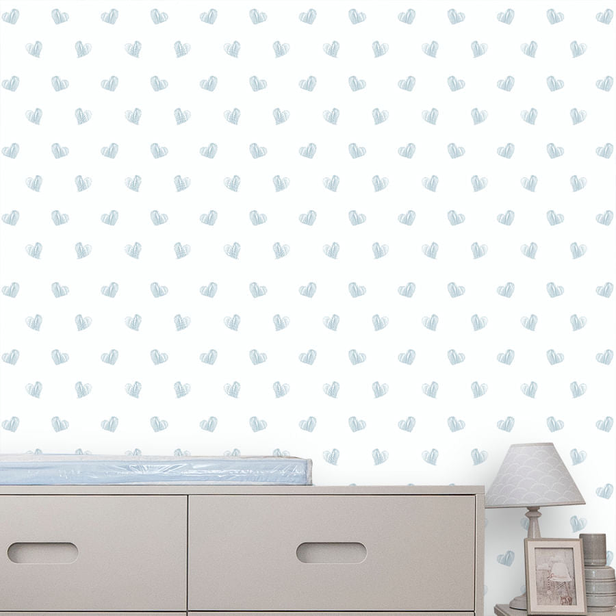 Papel de Parede Infantil Coração Rabiscado Azul Clássico