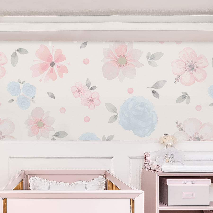 Papel de Parede Infantil Floral Grande Aquarela Azul