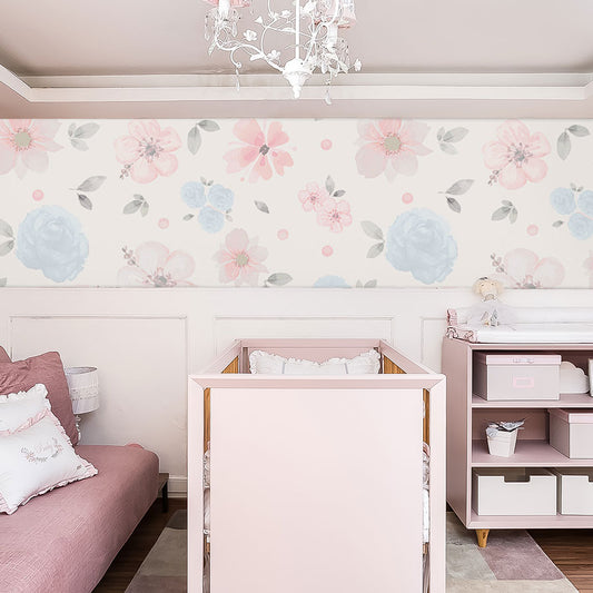 Papel de Parede Infantil Floral Grande Aquarela Azul