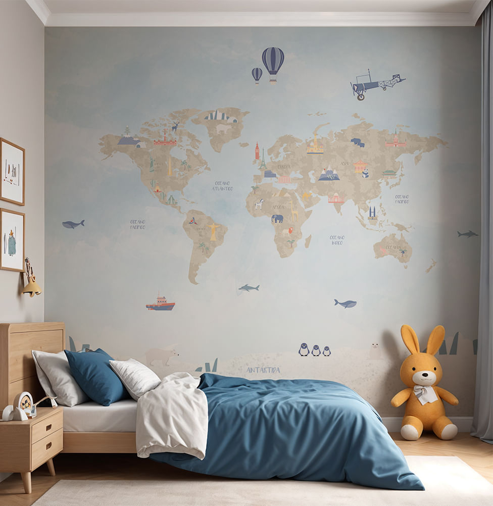 Papel de Parede Infantil Mapa Mundi - Mural