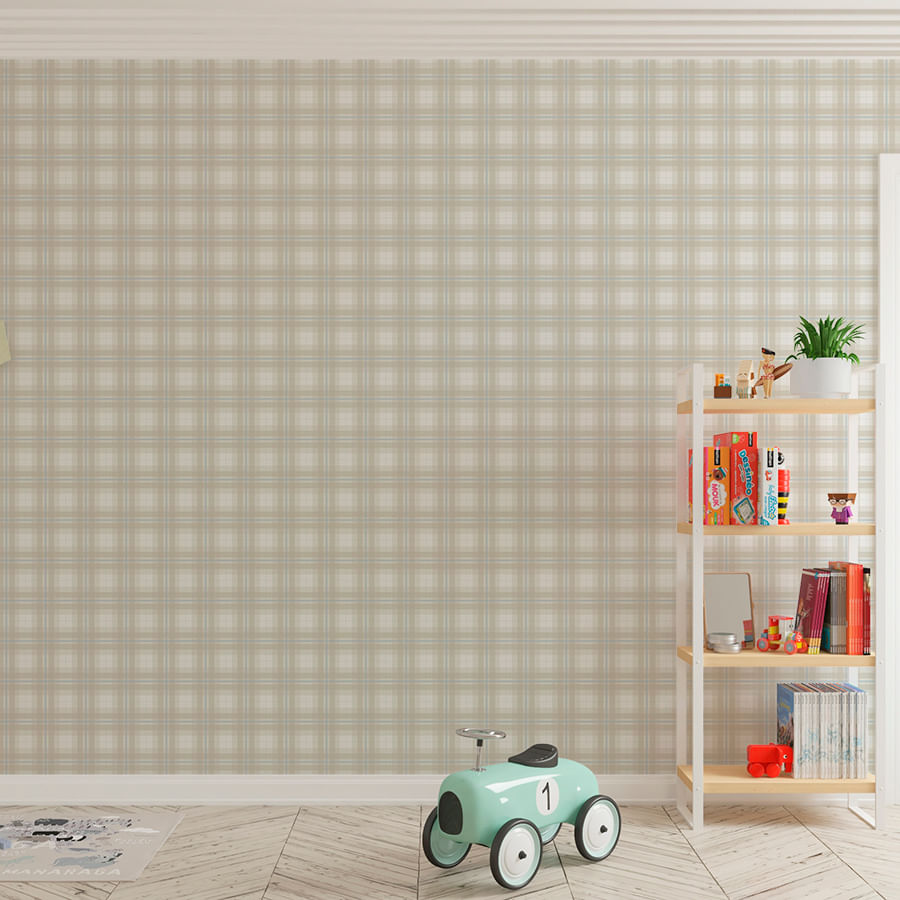Papel de Parede Infantil Xadrez Classic Bege com Azul Claro