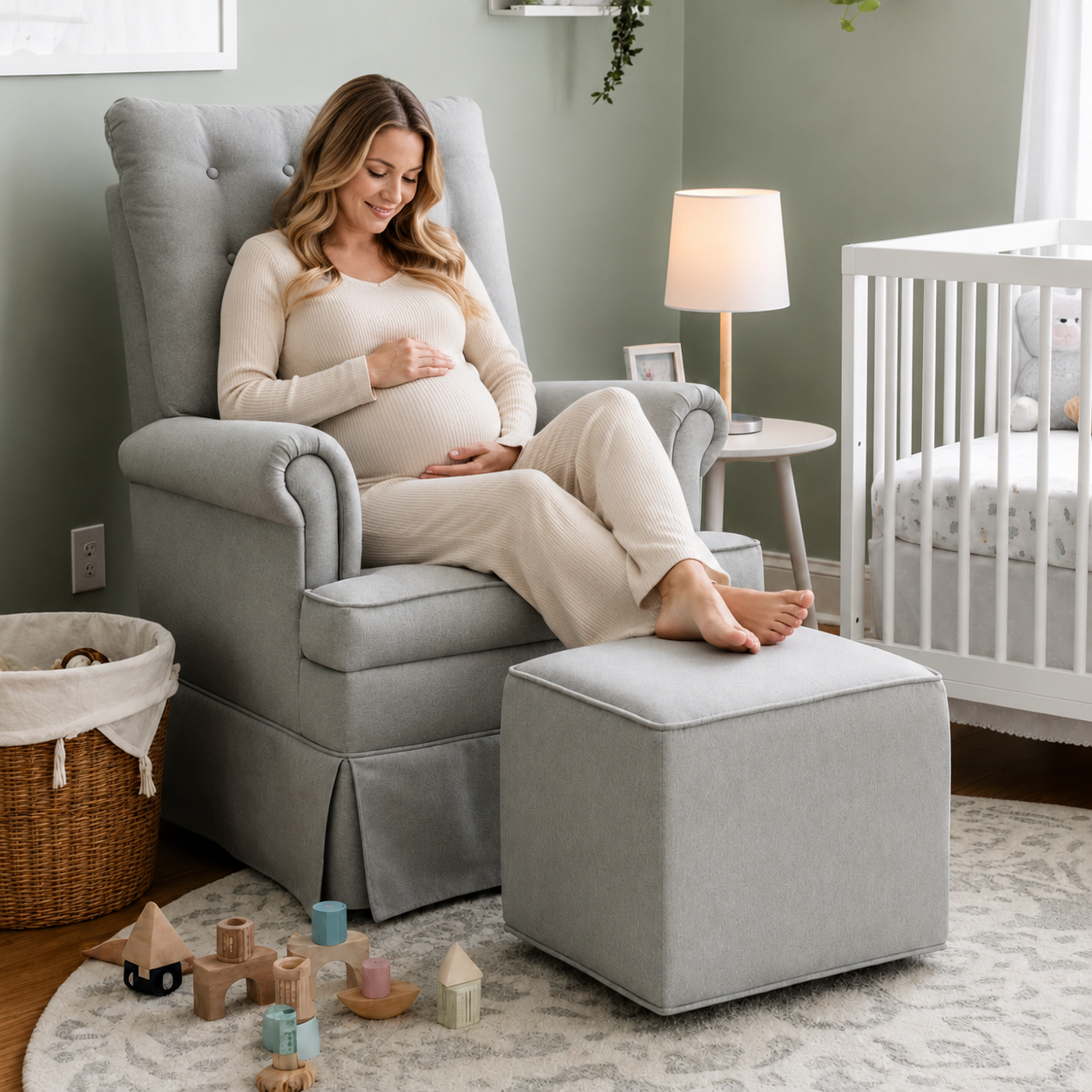Poltrona de Amamentação Mommy com Puff e Balanço Linen Cinza