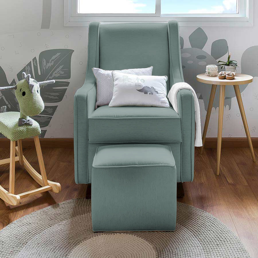 Poltrona de Amamentação Slim com Balanço e Puff - Linho Verde