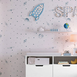 Papel de Parede Infantil Espaço Fundo Branco Azul Clássico
