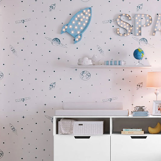 Papel de Parede Infantil Espaço Fundo Branco Azul Clássico