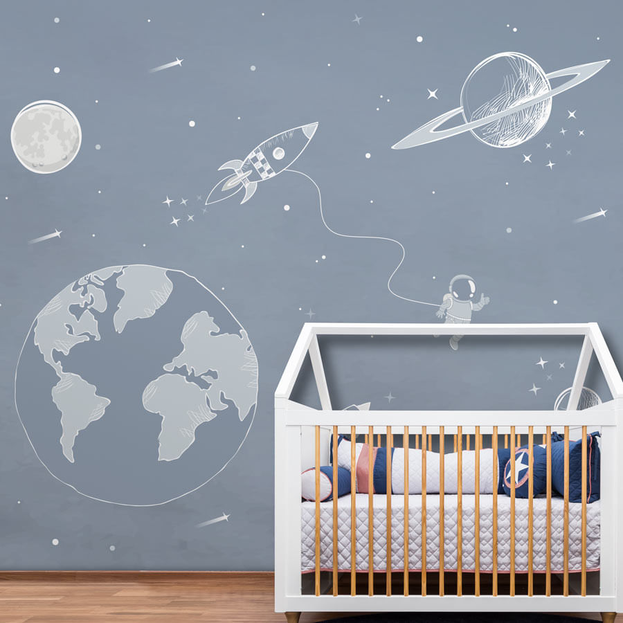 Papel de Parede Infantil Astronauta no Espaço Azul Clássico - Mural