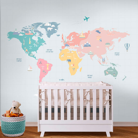 Papel de Parede Infantil Mapa Mundi Colors - Mural