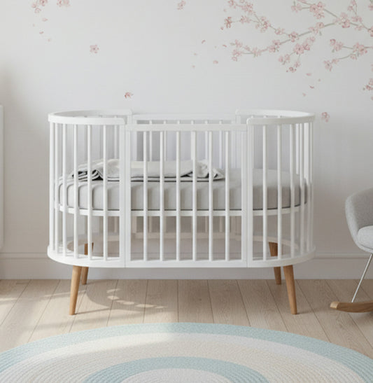 Berço Oval Slim 4 em 1 Branco com Pé Madeira