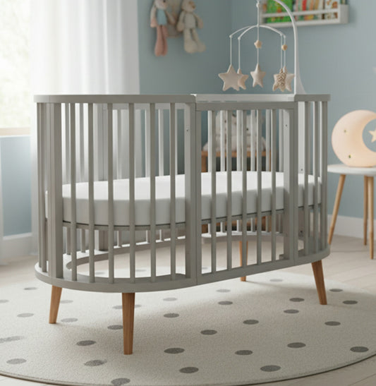 Berço Oval Slim 4 em 1 Cinza com Pé Madeira