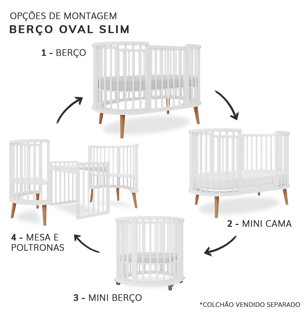 Berço Oval Slim 4 em 1 Branco com Pé Madeira