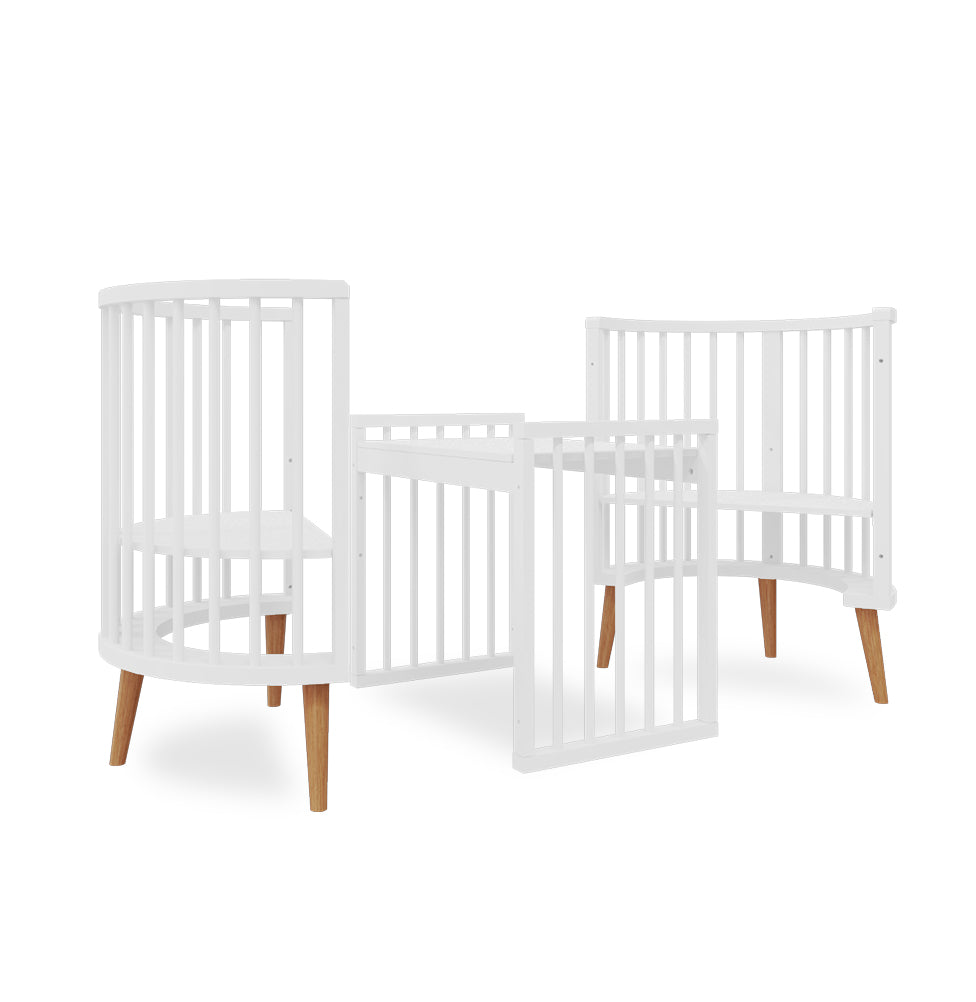 Berço Oval Slim 4 em 1 Branco com Pé Madeira