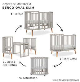 Berço Oval Slim 4 em 1 Cinza com Pé Madeira