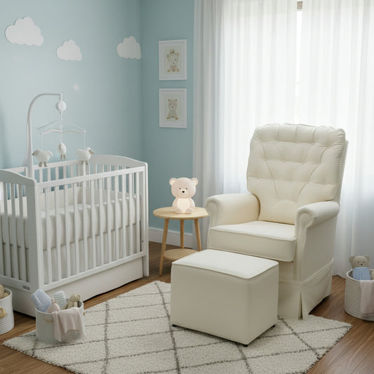 Poltrona de Amamentação Luna Giro Balanço e Puff - Sarja Bege Claro