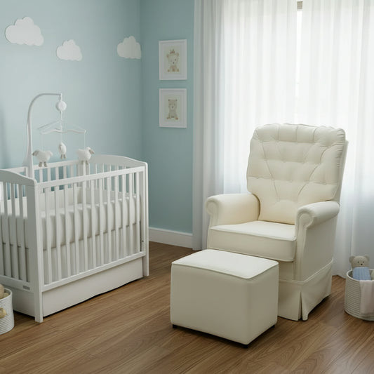 Poltrona de Amamentação Luna Giro Balanço e Puff - Sarja Bege Claro