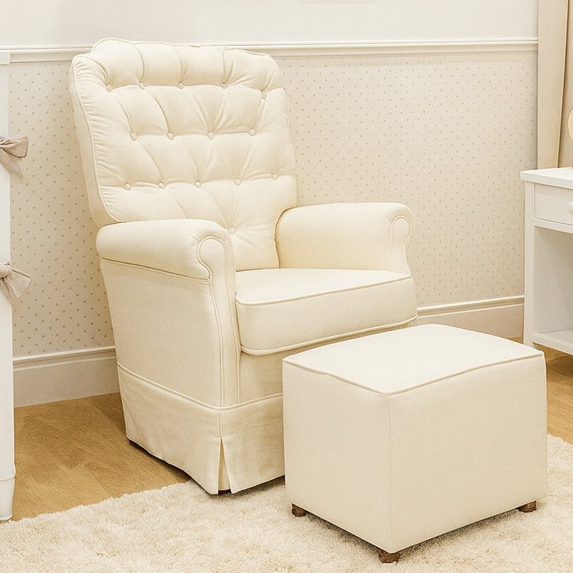 Poltrona de Amamentação Luna Giro Balanço e Puff - Sarja Bege Claro