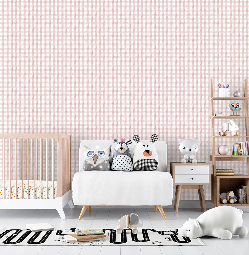 Papel de Parede Infantil Xadrez Aquarela - Rosa