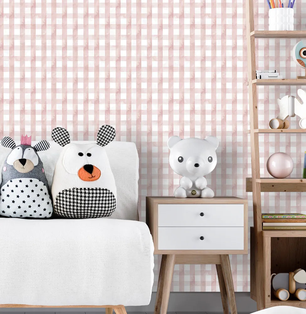 Papel de Parede Infantil Xadrez Aquarela - Rosa