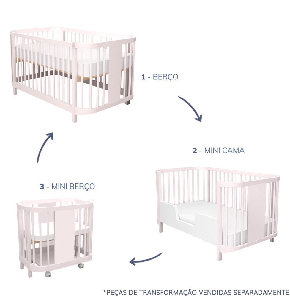 Berço Raika 3 em 1 - Rosa Claro