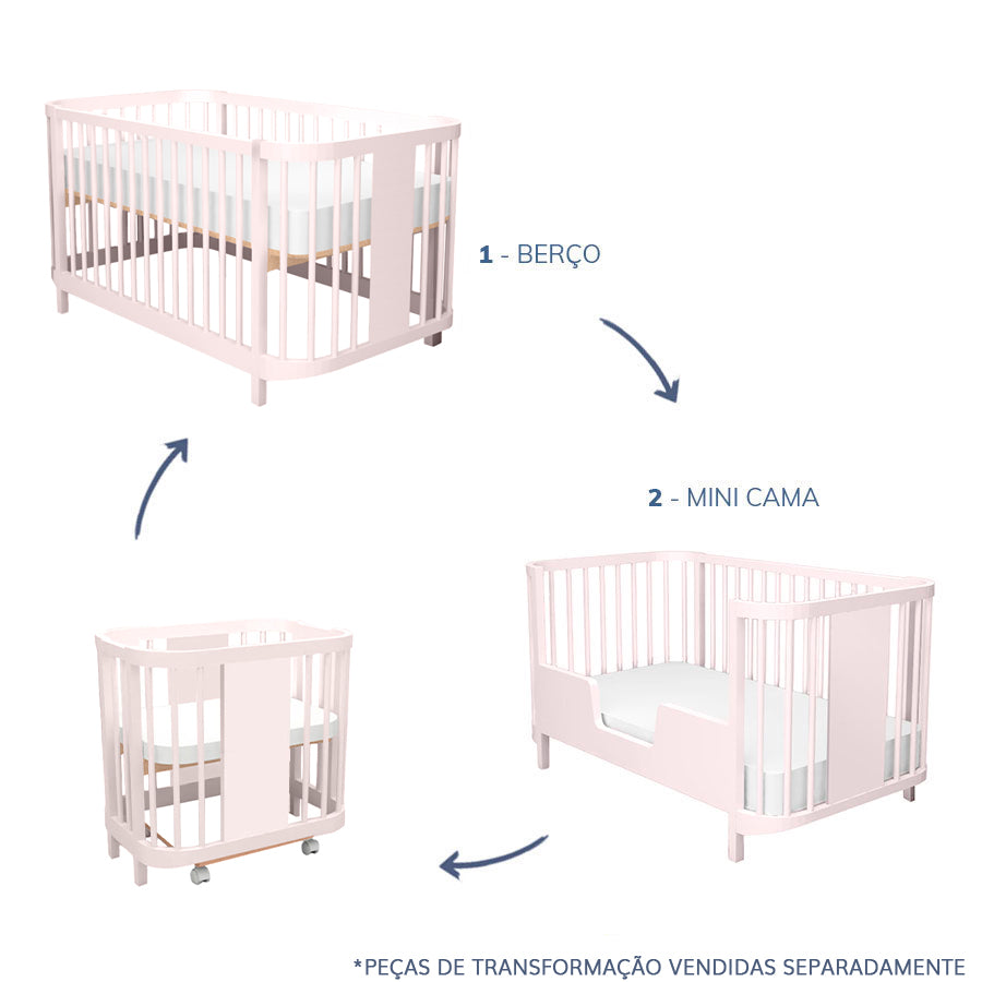 Berço Raika 3 em 1 - Rosa Claro