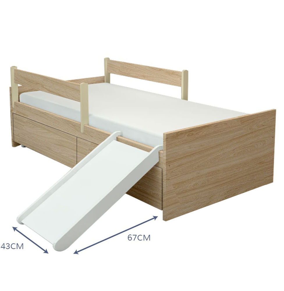 Cama Up 2 em 1 com 2 Gavetas Slim Carvalho e Escorregador Branco
