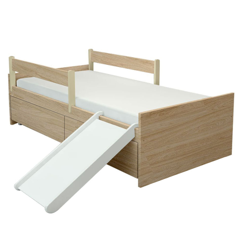 Cama Up 2 em 1 com 2 Gavetas Slim Carvalho e Escorregador Branco