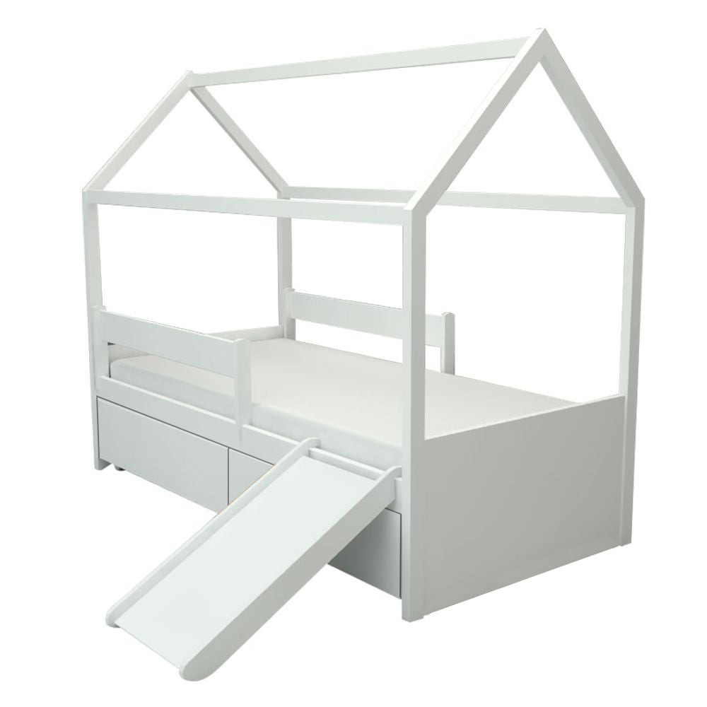 Cama com Casinha Up 2 em 1 com 2 Gavetas Slim e Escorregador - Branco