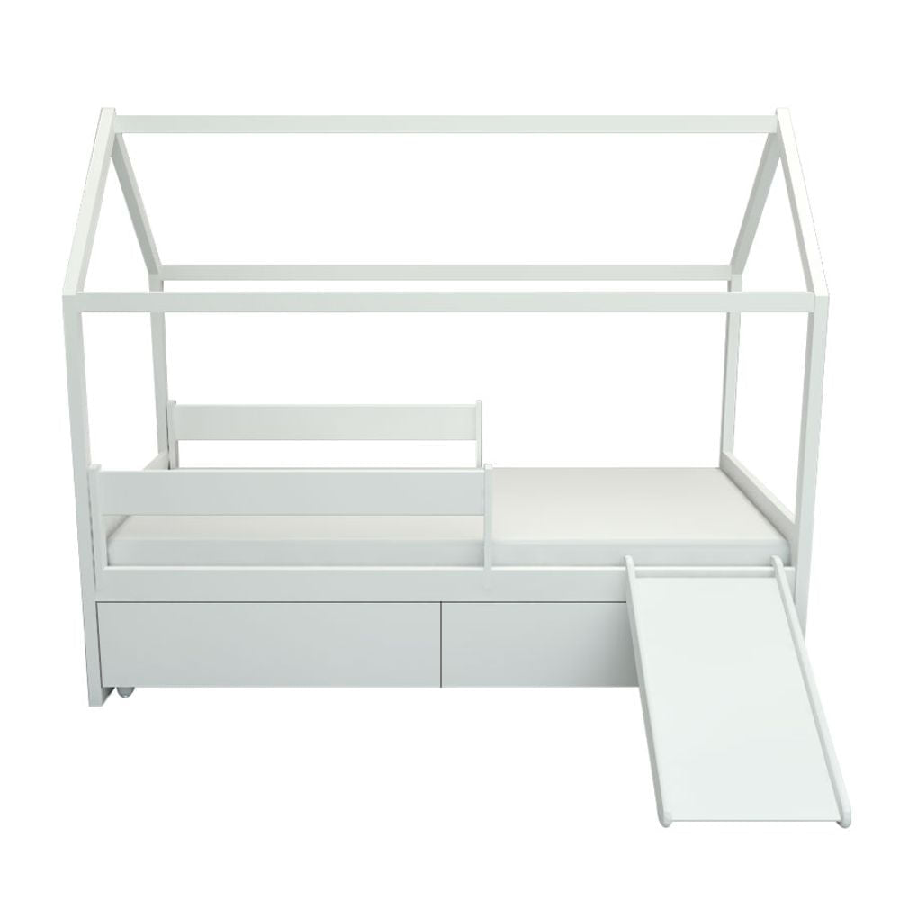 Cama com Casinha Up 2 em 1 com 2 Gavetas Slim e Escorregador - Branco