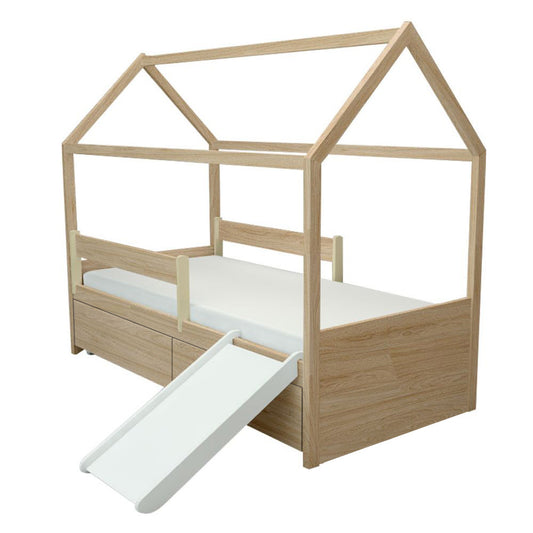 Cama com Casinha Up 2 em 1 com 2 Gavetas Slim Carvalho e Escorregador Branco