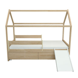 Cama com Casinha Up 2 em 1 com 2 Gavetas Slim Carvalho e Escorregador Branco