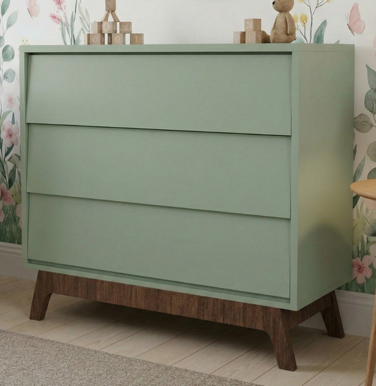 Cômoda de Bebê Raika 3 Gavetas Verde Jardim com Pé Mel