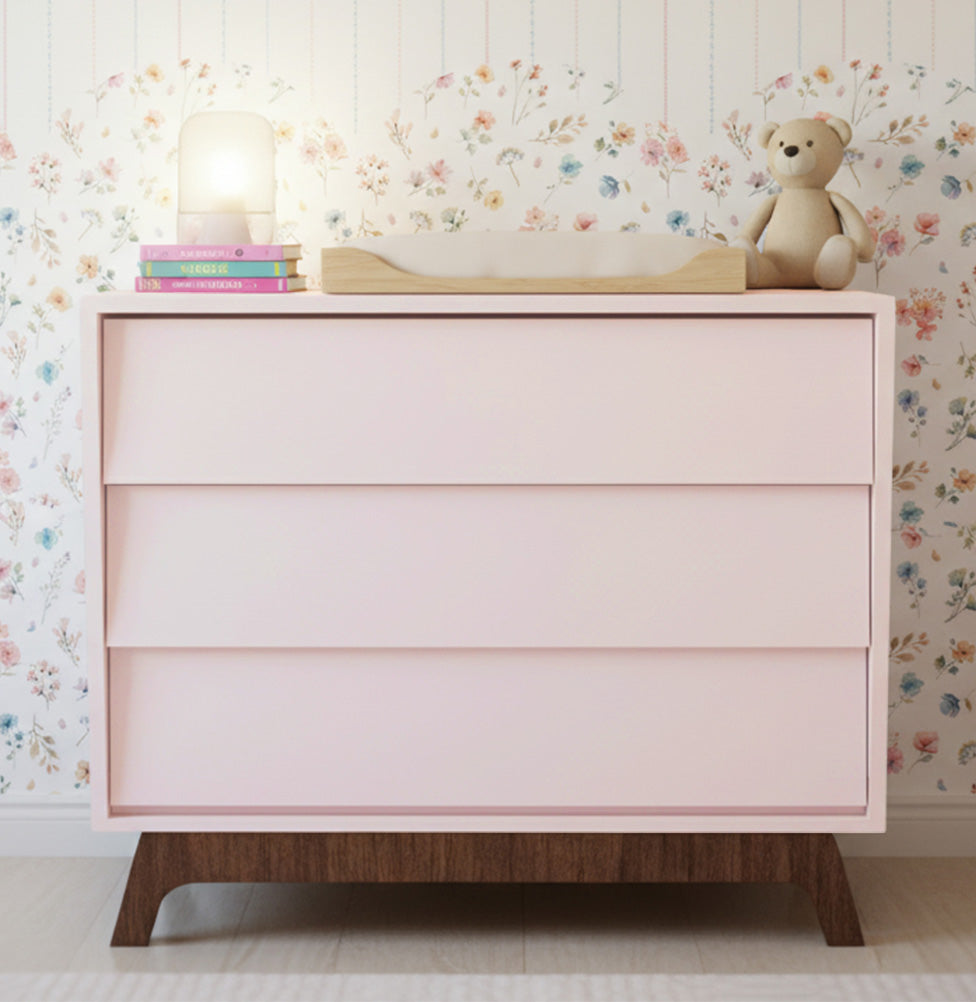 Cômoda de Bebê Raika 3 Gavetas Rosa Claro com Pé Mel