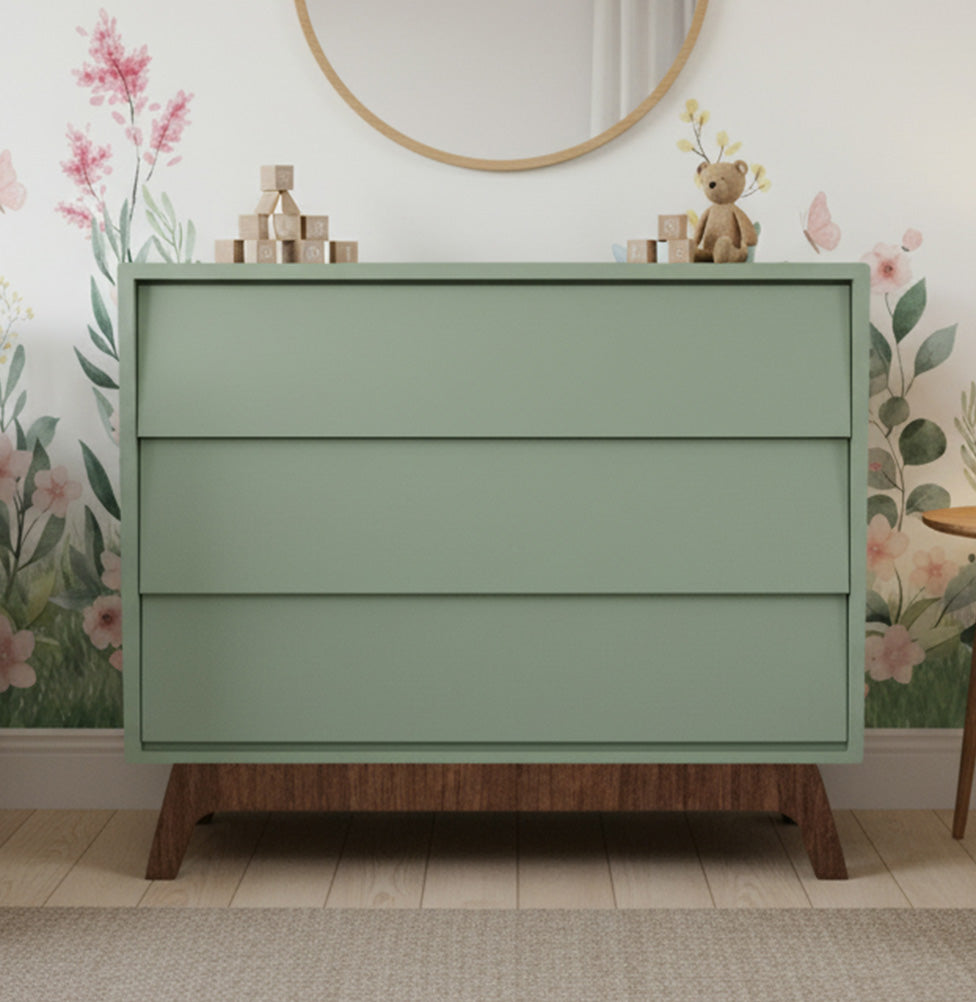 Cômoda de Bebê Raika 3 Gavetas Verde Jardim com Pé Mel