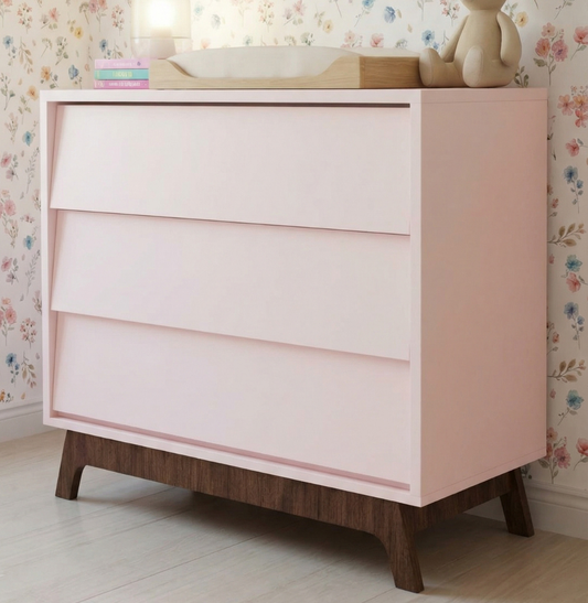 Cômoda de Bebê Raika 3 Gavetas Rosa Claro com Pé Mel