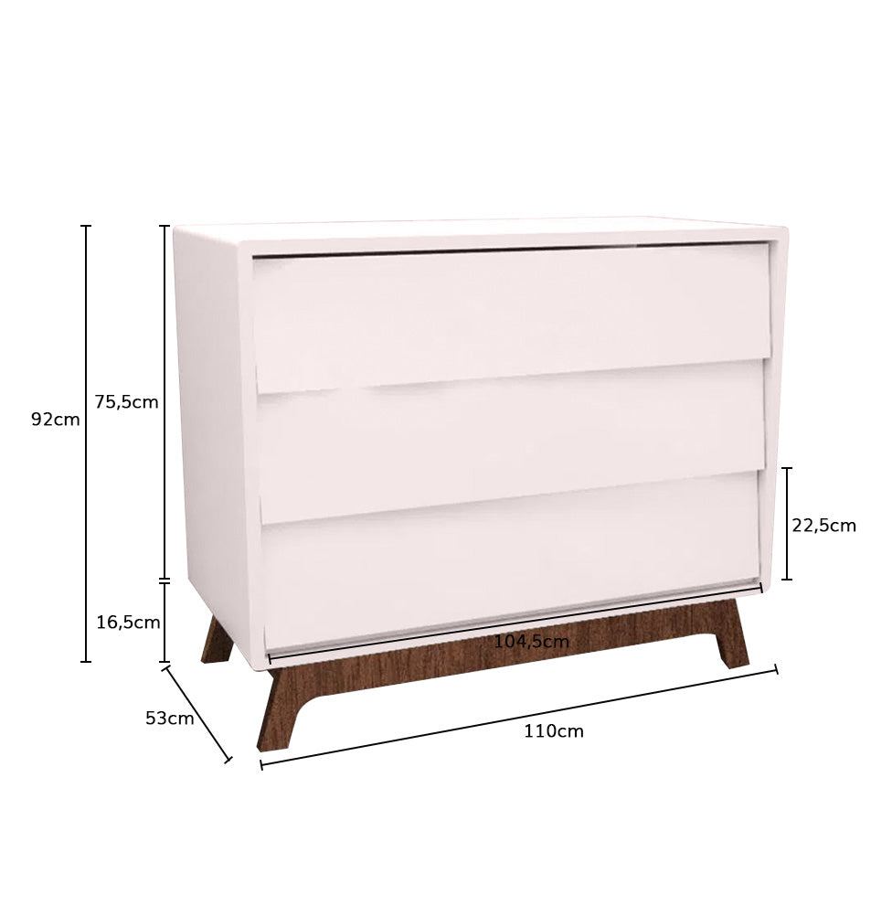 Cômoda de Bebê Raika 3 Gavetas Rosa Claro com Pé Mel