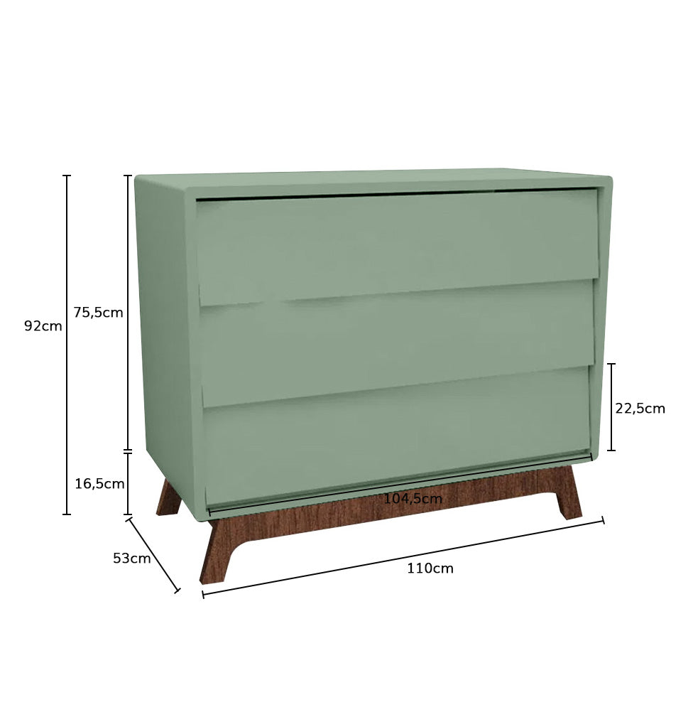 Cômoda de Bebê Raika 3 Gavetas Verde Jardim com Pé Mel