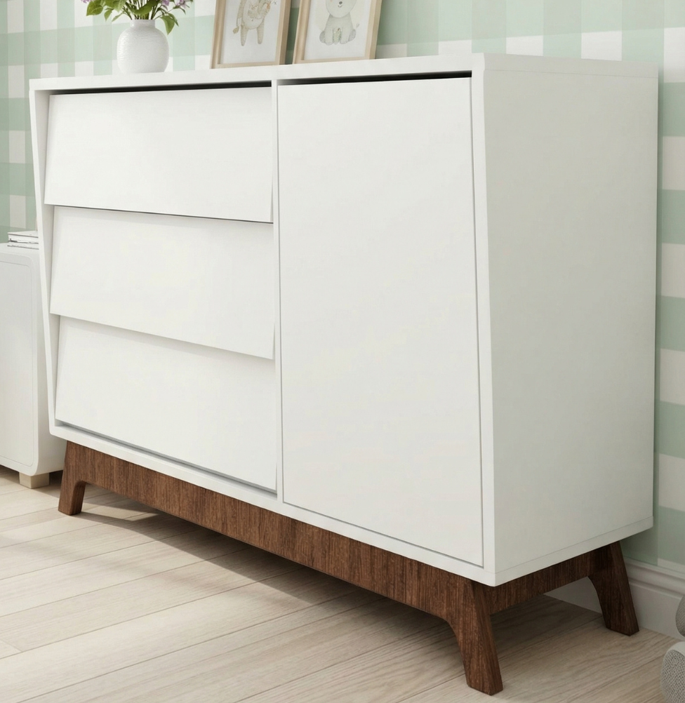 Cômoda de Bebê Raika Com Porta Branco com Pé Mel