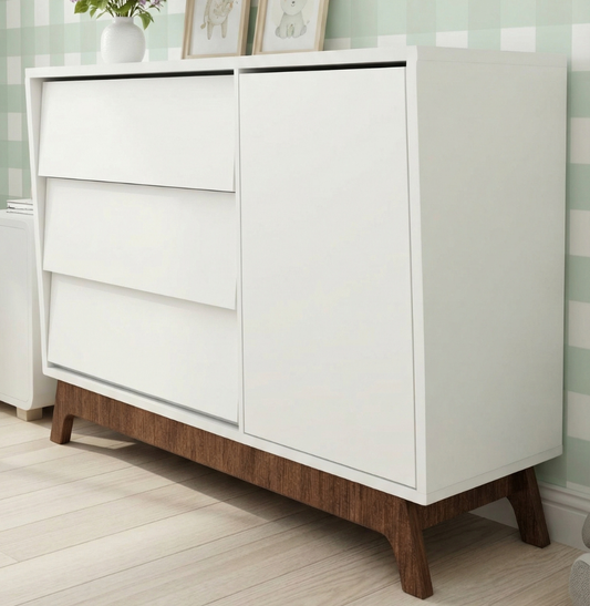 Cômoda de Bebê Raika Com Porta Branco com Pé Mel