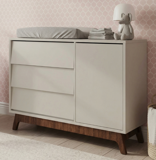 Cômoda de Bebê Raika Com Porta Greige e Pé Mel