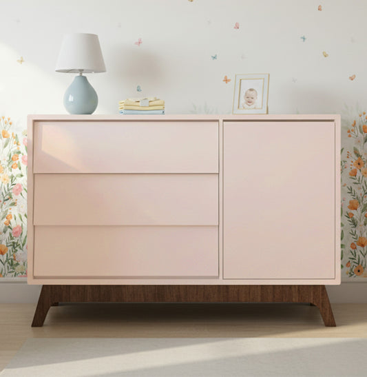 Cômoda de Bebê Raika com Porta Rosa Claro e Pé Mel