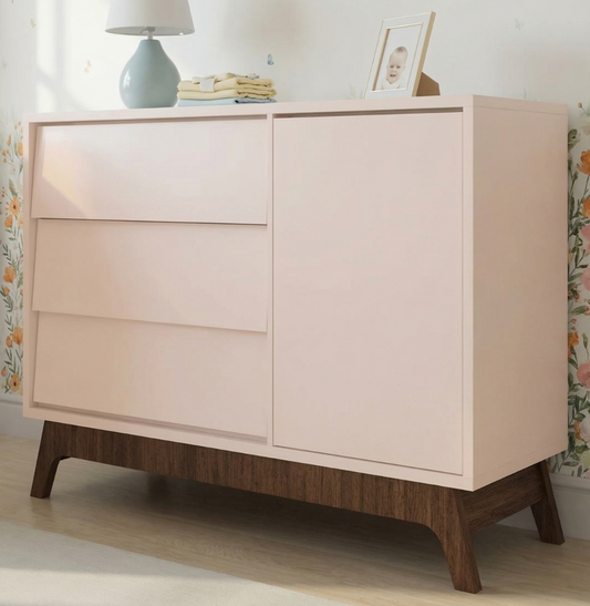 Cômoda de Bebê Raika com Porta Rosa Claro e Pé Mel