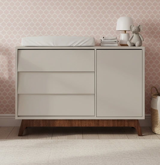 Cômoda de Bebê Raika Com Porta Greige e Pé Mel