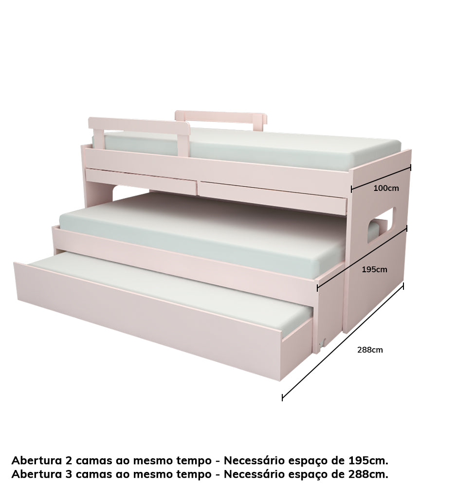 Beliche Multi com 2 Camas, Gavetão e Escrivaninha – Rosa